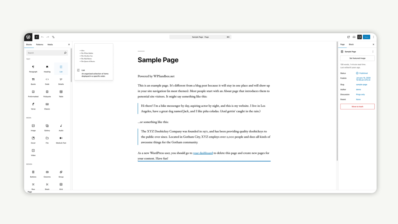 Screenshot of Wordpress backend, showing the available blocks